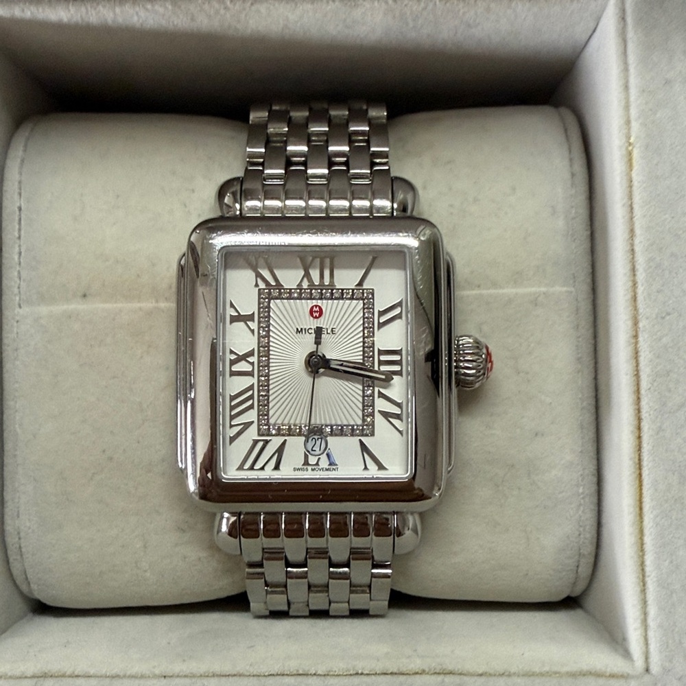 Michele Deco Madison Diamond Dial Bracelet Watch (Silver Roman Numeral)